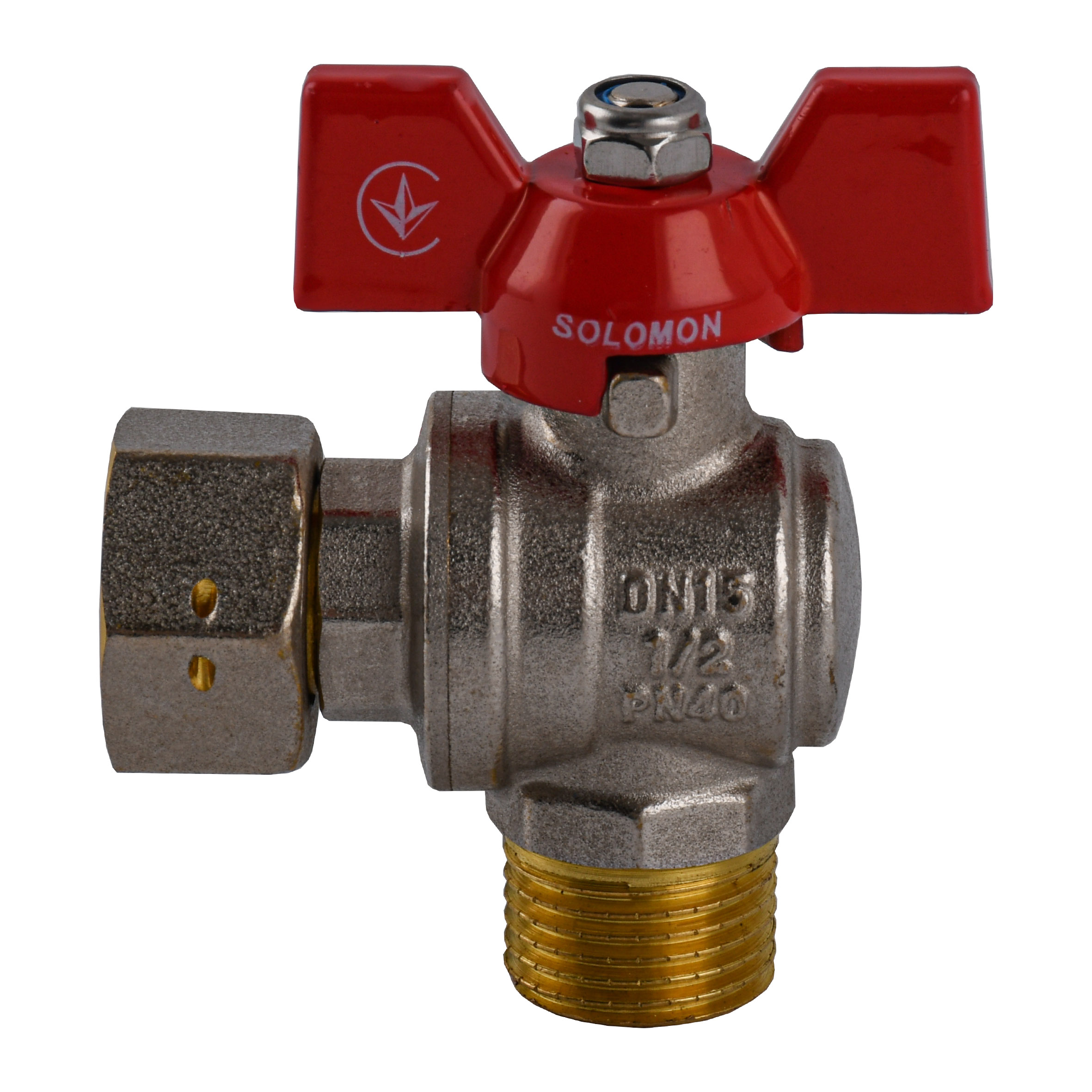 Кран кульовий кутовий з накидною гайкою SOLOMON 1/2″ ЗВ PN40 (V4002-S)